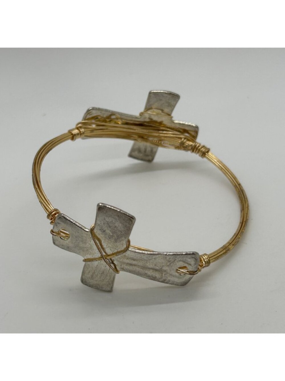 Mixed Metal Bracelet Gold Tone Wire Wrapped Silver Tone Cross Bangle Religious - Picture 5 of 12